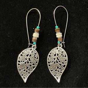 Silver Leaf Dangle Earrings with Beads
